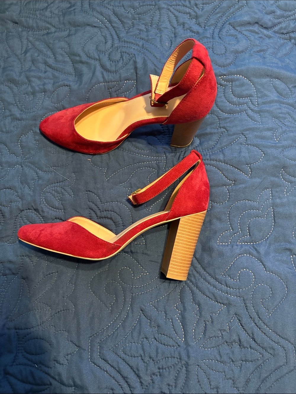 Women’s Red Suede Block Heel Pumps with Ankle Strap